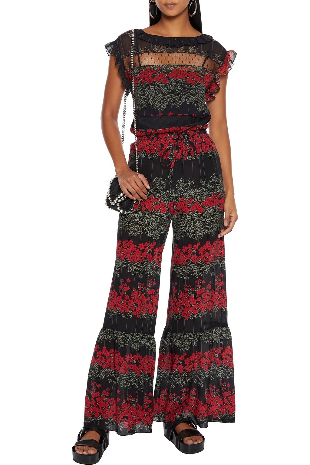 REDVALENTINO Floral-print silk-georgette wide-leg pants