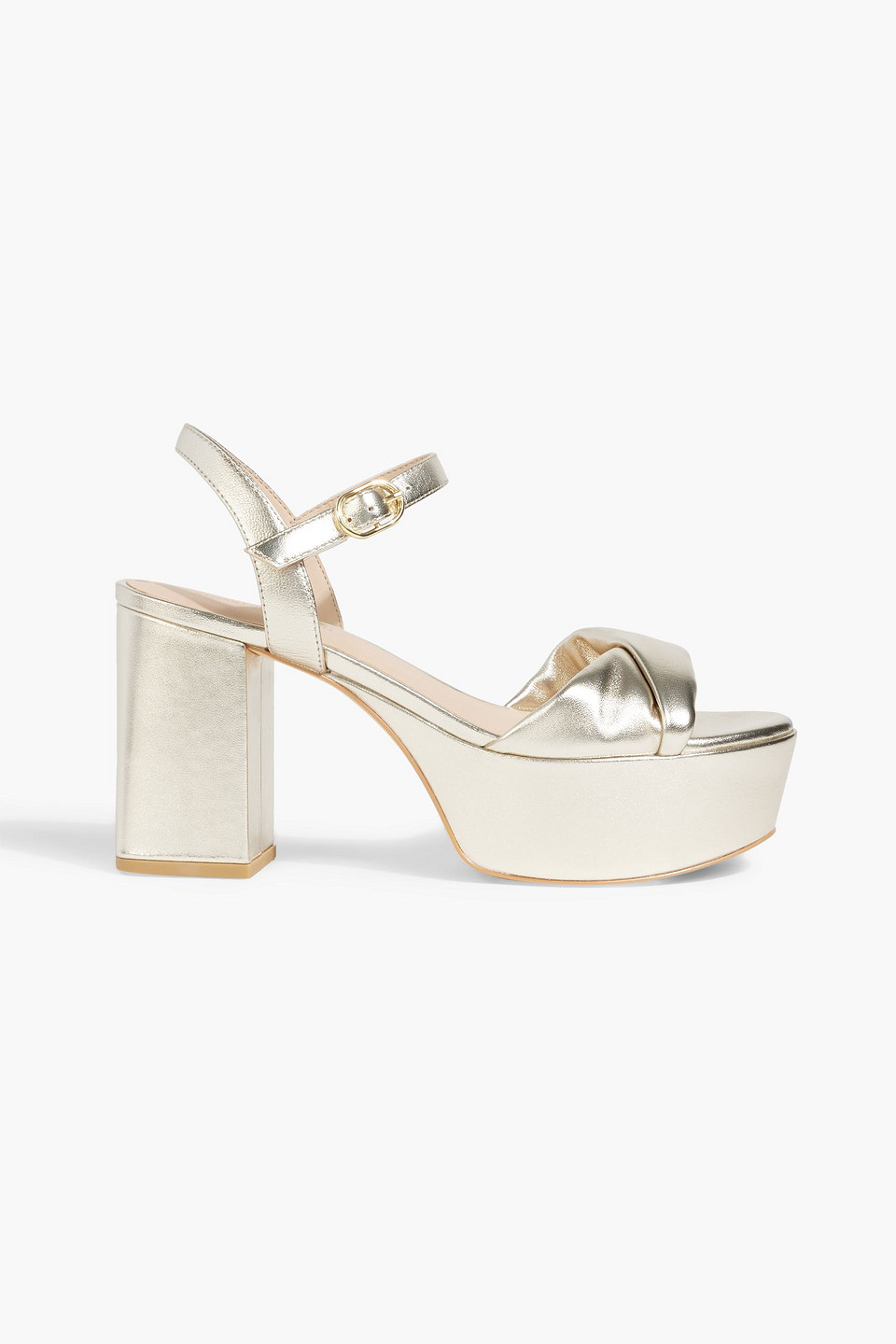 Stuart Weitzman Carmen Midi Metallic Crisscross Platform Sandals In Platinum