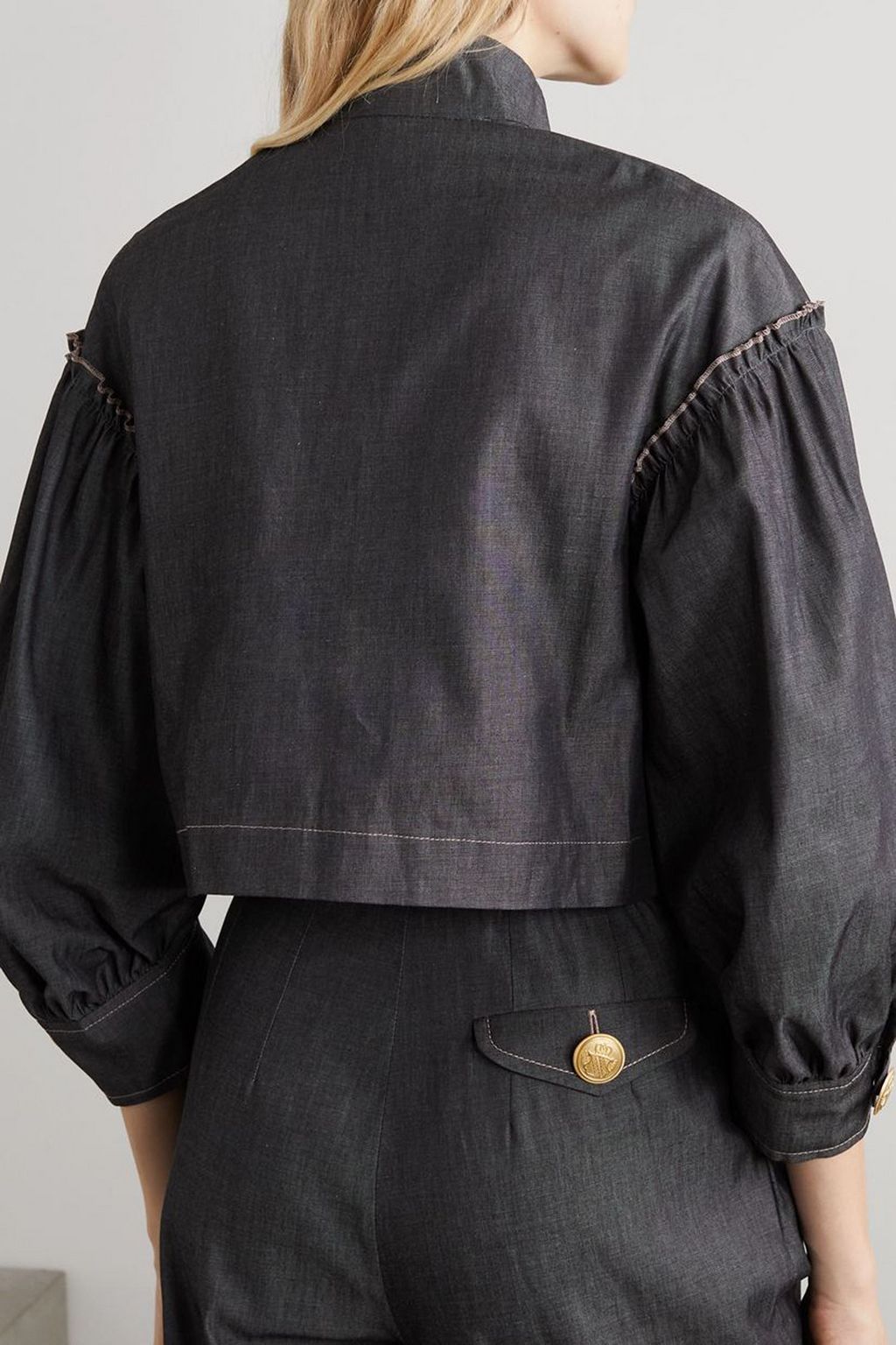 ANNA MASON Lottie ruffled cotton-chambray blouse