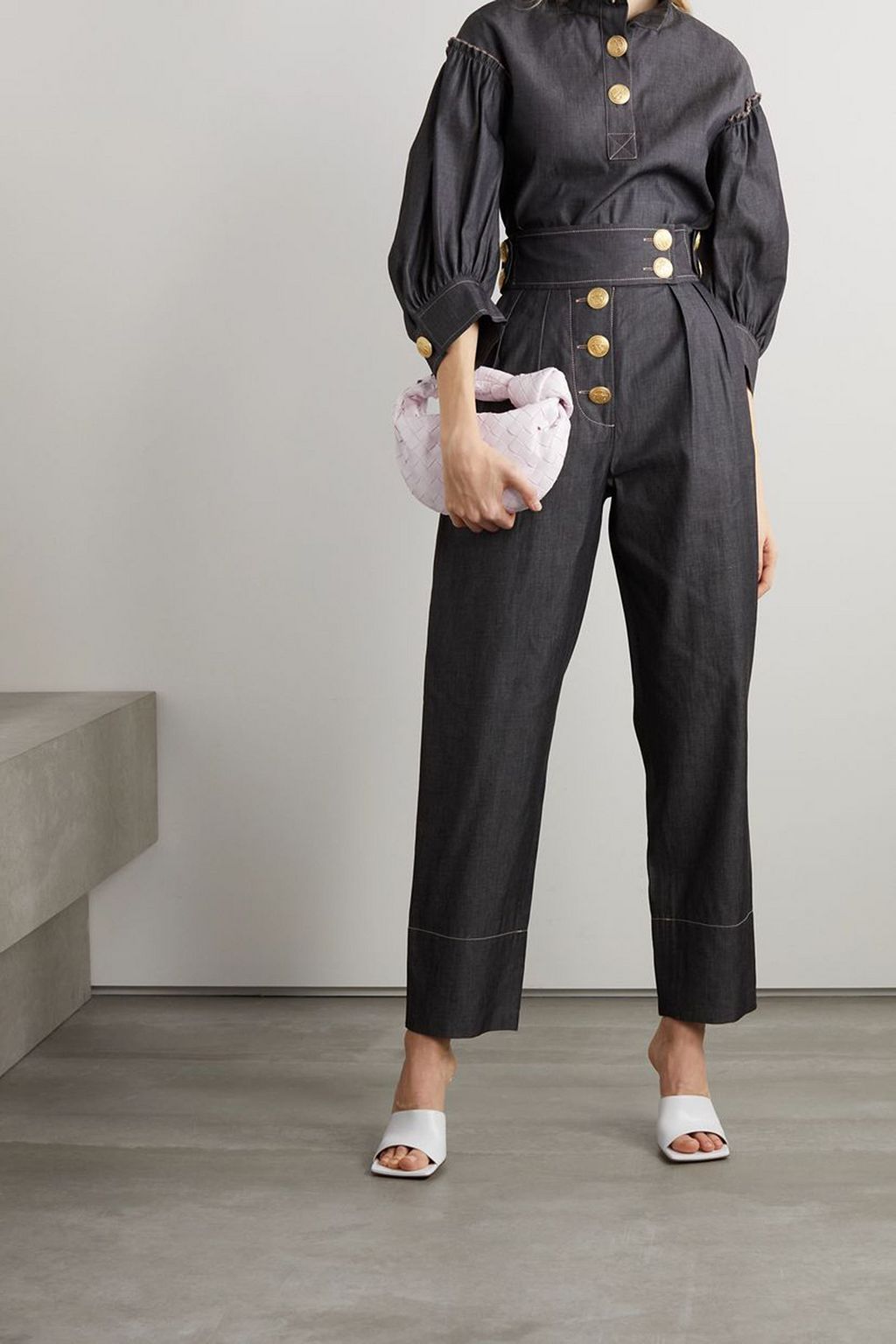 ANNA MASON Lottie ruffled cotton-chambray blouse