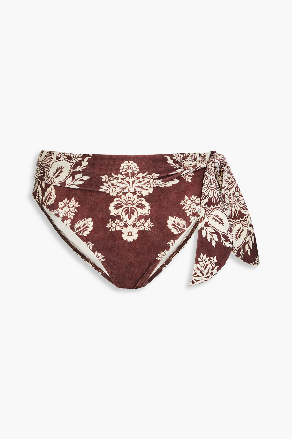 Zimmermann Knotted Floral-print Bikini Briefs In Chocolate