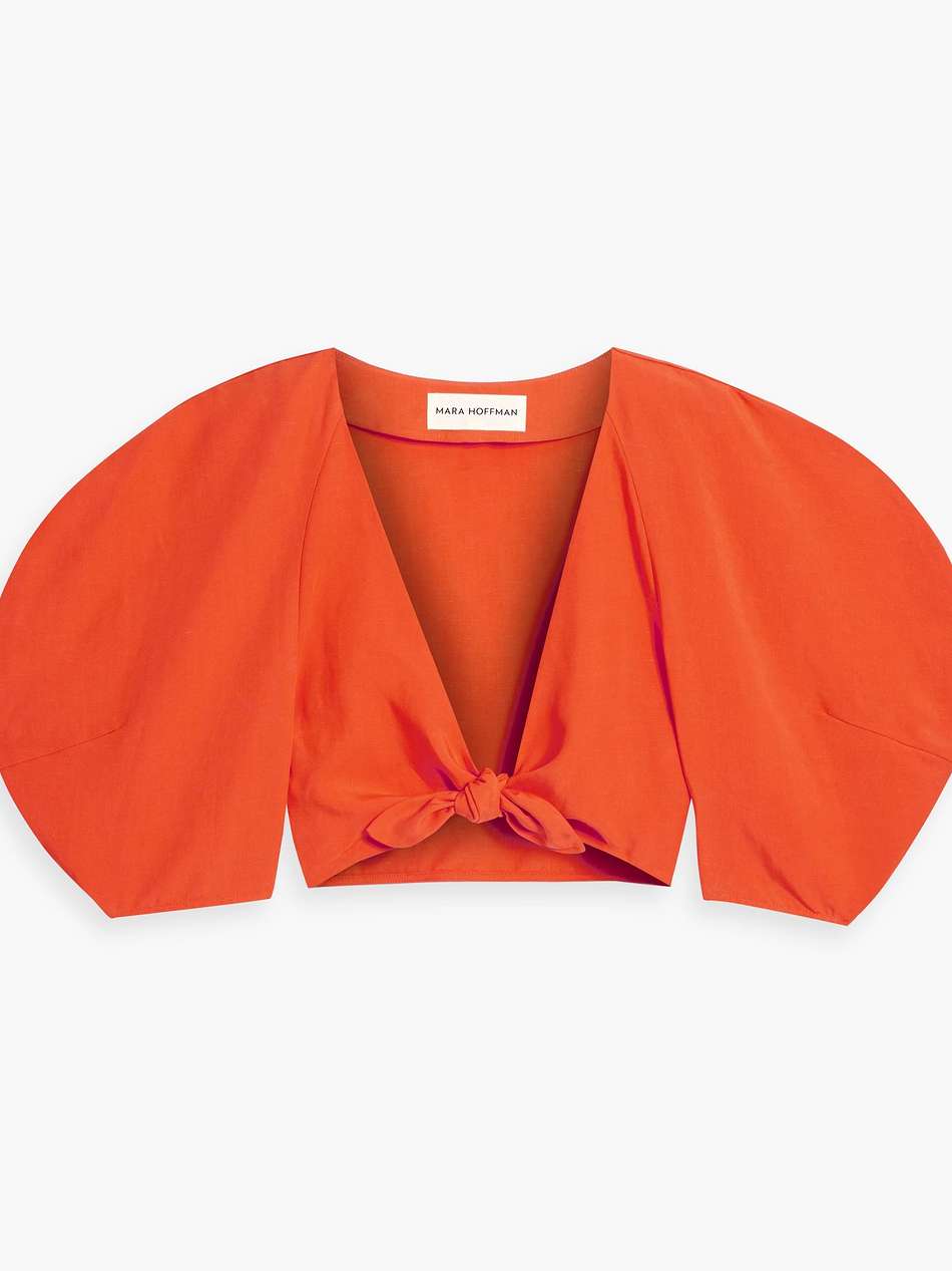 cropped tencel™ lyocell and linen-blend top