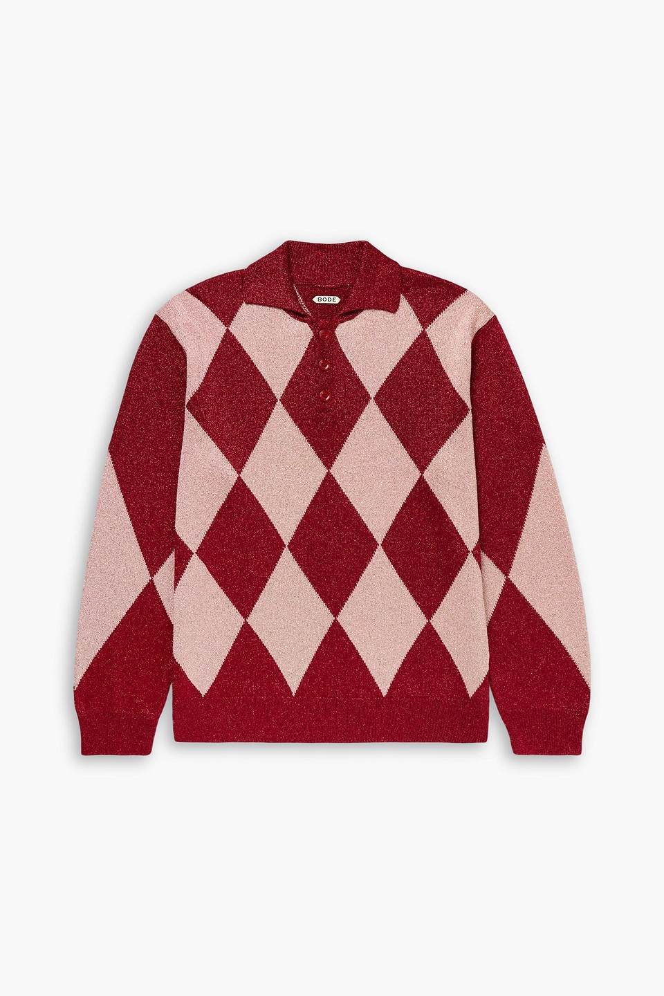 bode - argyle metallic jacquard-knit polo sweater - pink - l