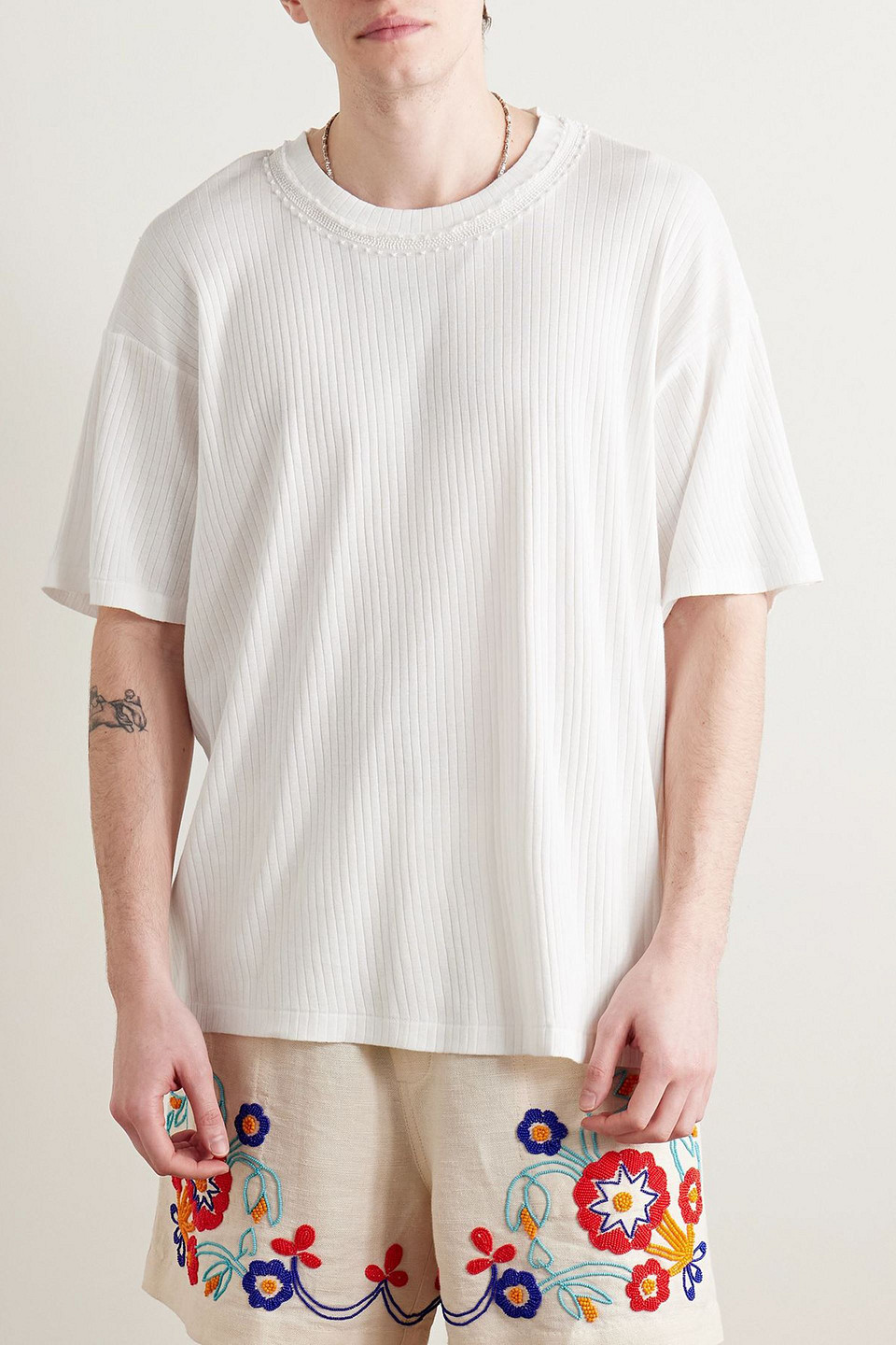  Bode - Marsh T-shirt Aus Geripptem Baumwoll-jersey Mit Verziertem Tüllbesatz - Weiß - L 