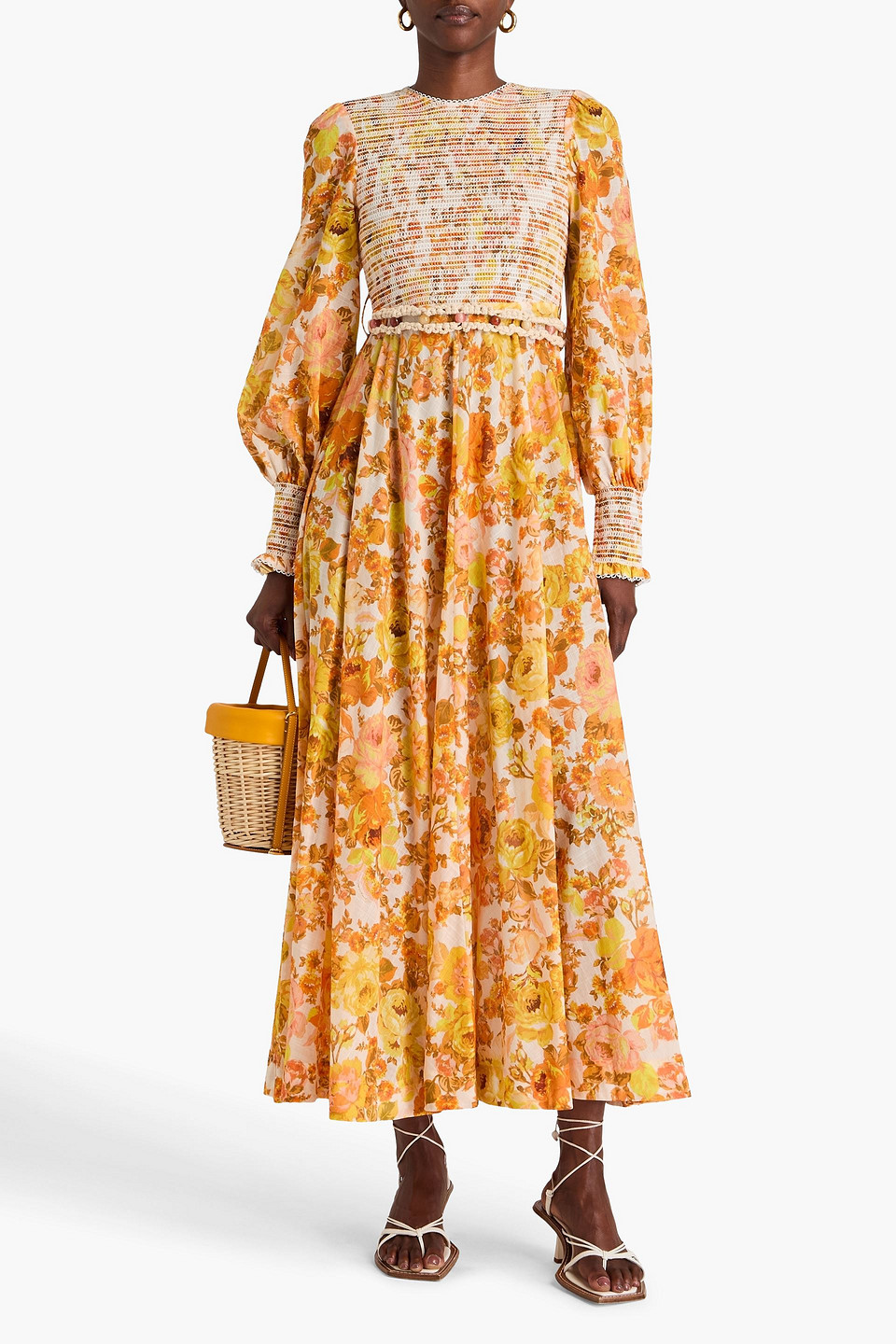 Zimmermann Midikleid Aus Baumwolle Mit Floralem Print Und Raffung In Orange