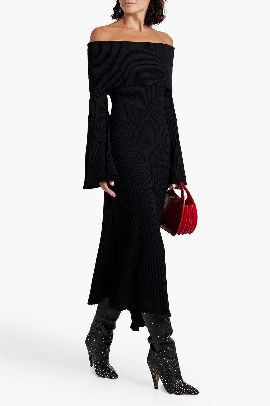 A.L.C. Eve off-the-shoulder asymmetric merino wool-blend midi dress