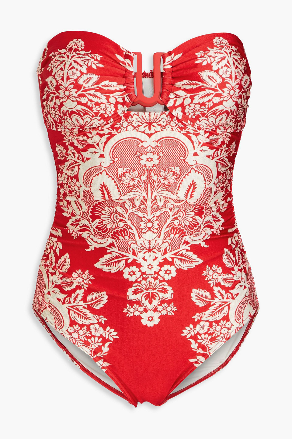 Zimmermann Ruched Floral-print Bandeau Swimsuit In Rot