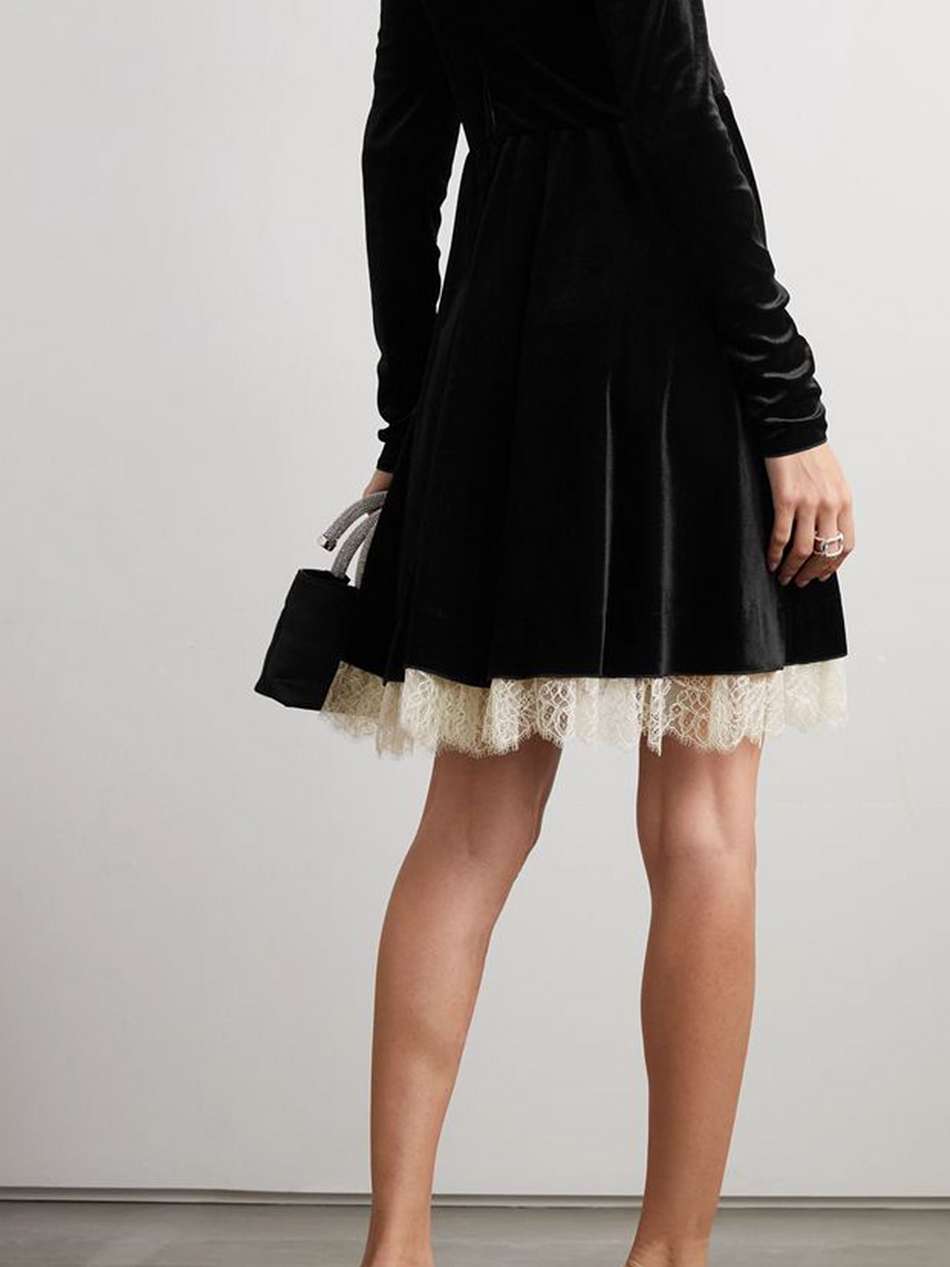 lace-trimmed stretch-velvet mini dress