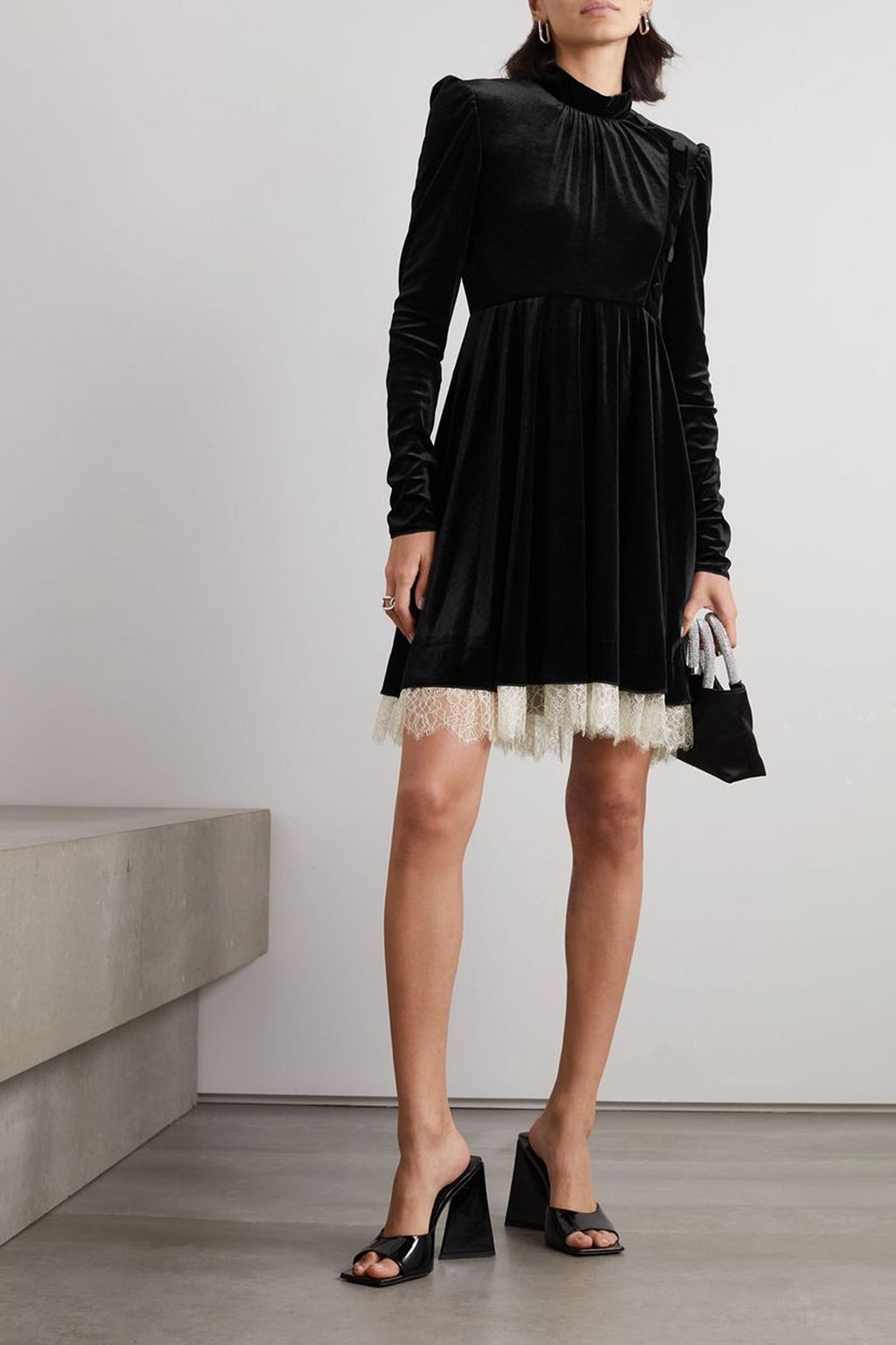 PHILOSOPHY DI LORENZO SERAFINI Lace-trimmed stretch-velvet mini dress
