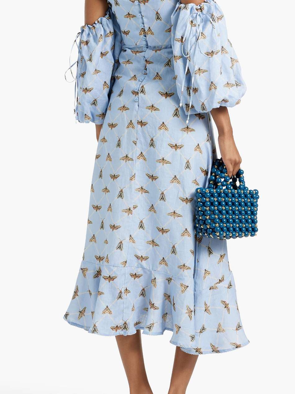 mercedes poliilla cold-shoulder printed linen midi dress
