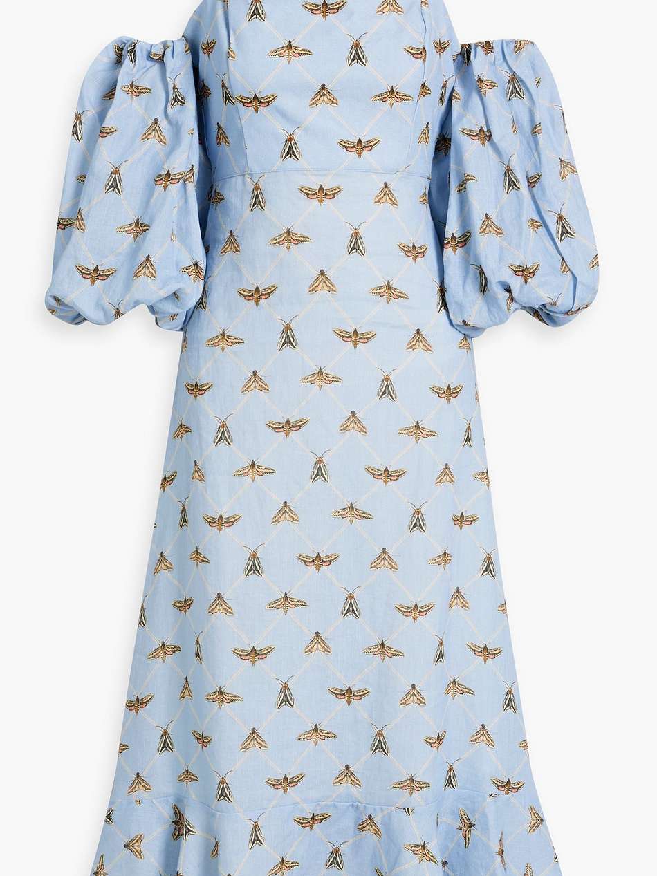 mercedes poliilla cold-shoulder printed linen midi dress