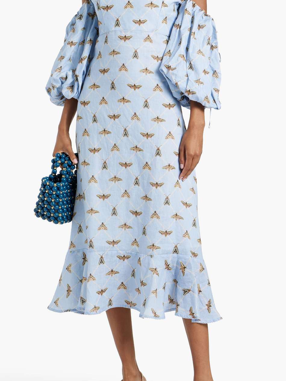 mercedes poliilla cold-shoulder printed linen midi dress
