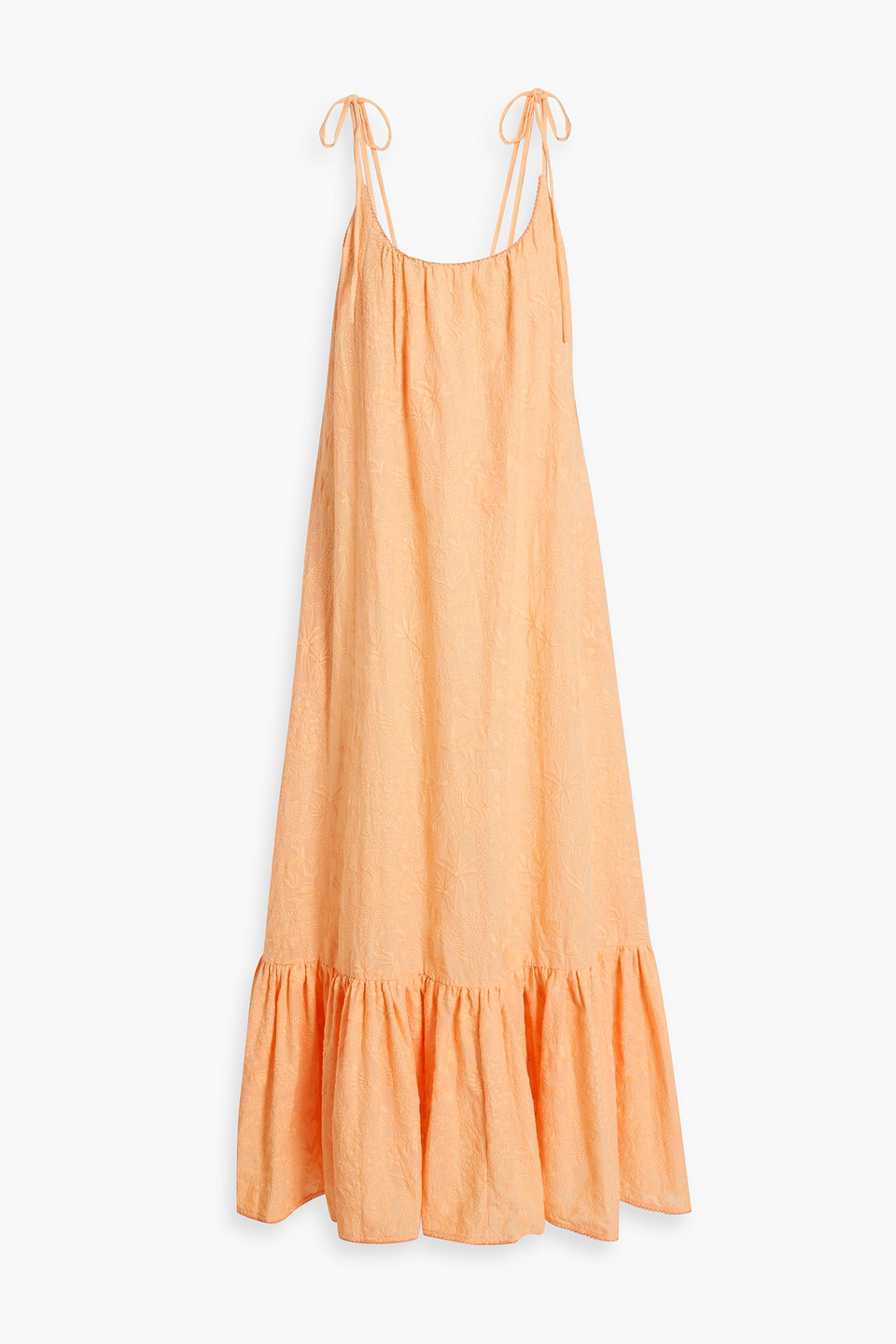 Agua By Agua Bendita Celeste Ruffled Embroidered Linen Midi Dress In Pastel Orange