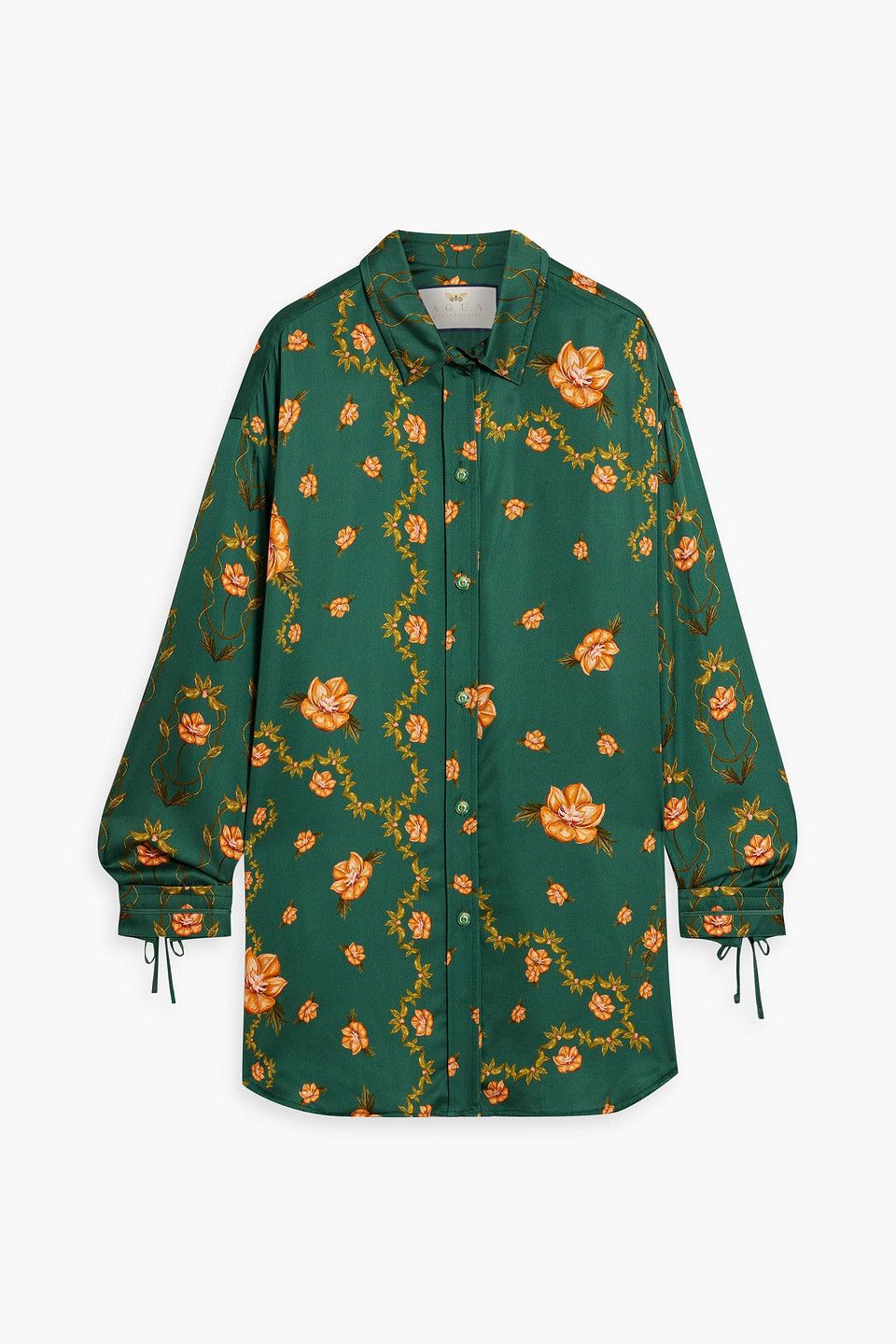Shop Agua By Agua Bendita Cecilia Esoterico Floral-print Satin Shirt In Emerald