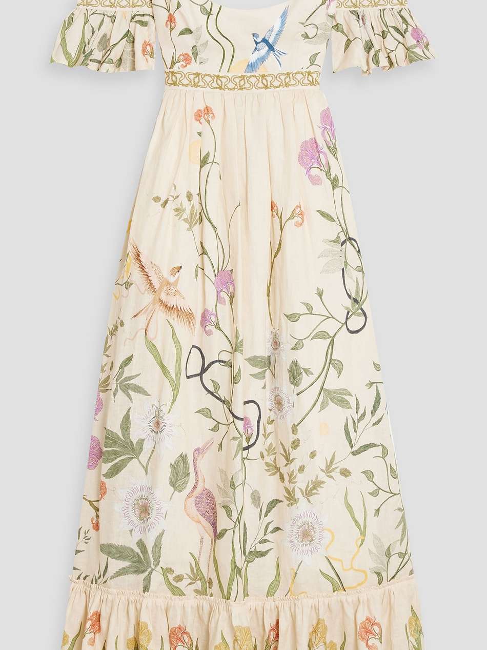 sueno paraiso cold-shoulder embroidered printed linen maxi dress