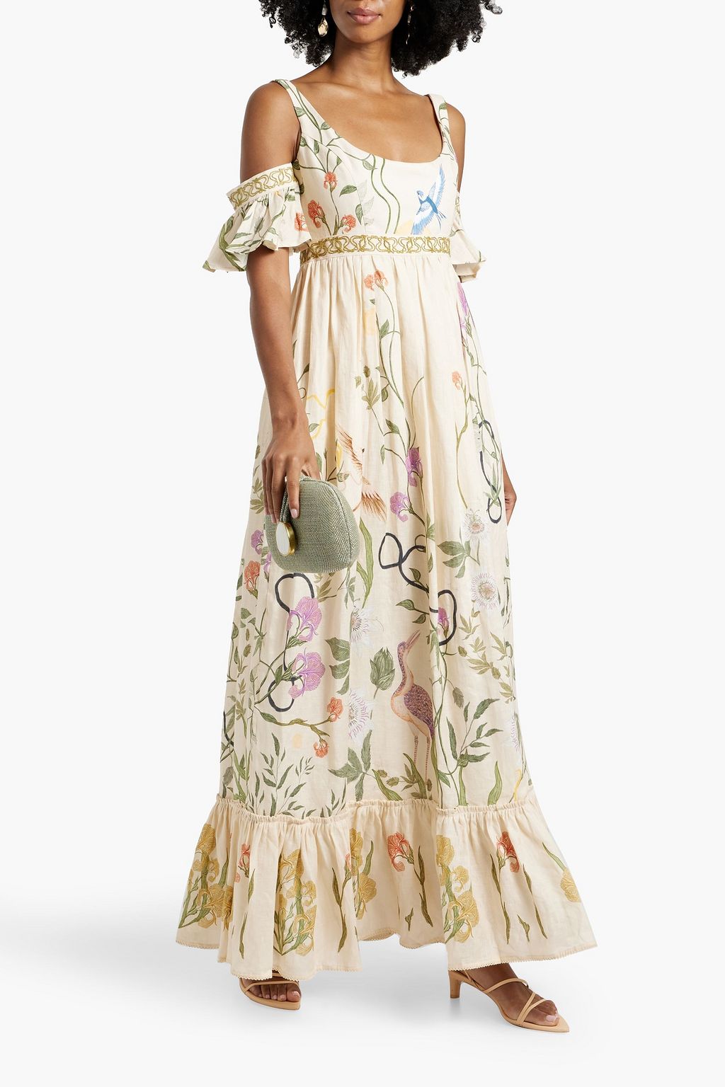 AGUA BY AGUA BENDITA Sueno Paraiso cold-shoulder embroidered printed linen maxi dress
