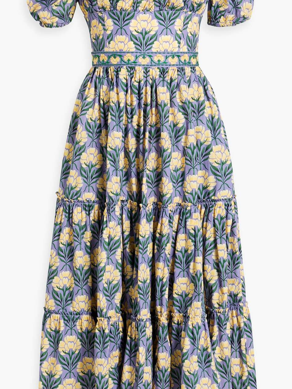 banana semilla otoño off-the-shoulder tiered floral-print cotton-poplin midi dress
