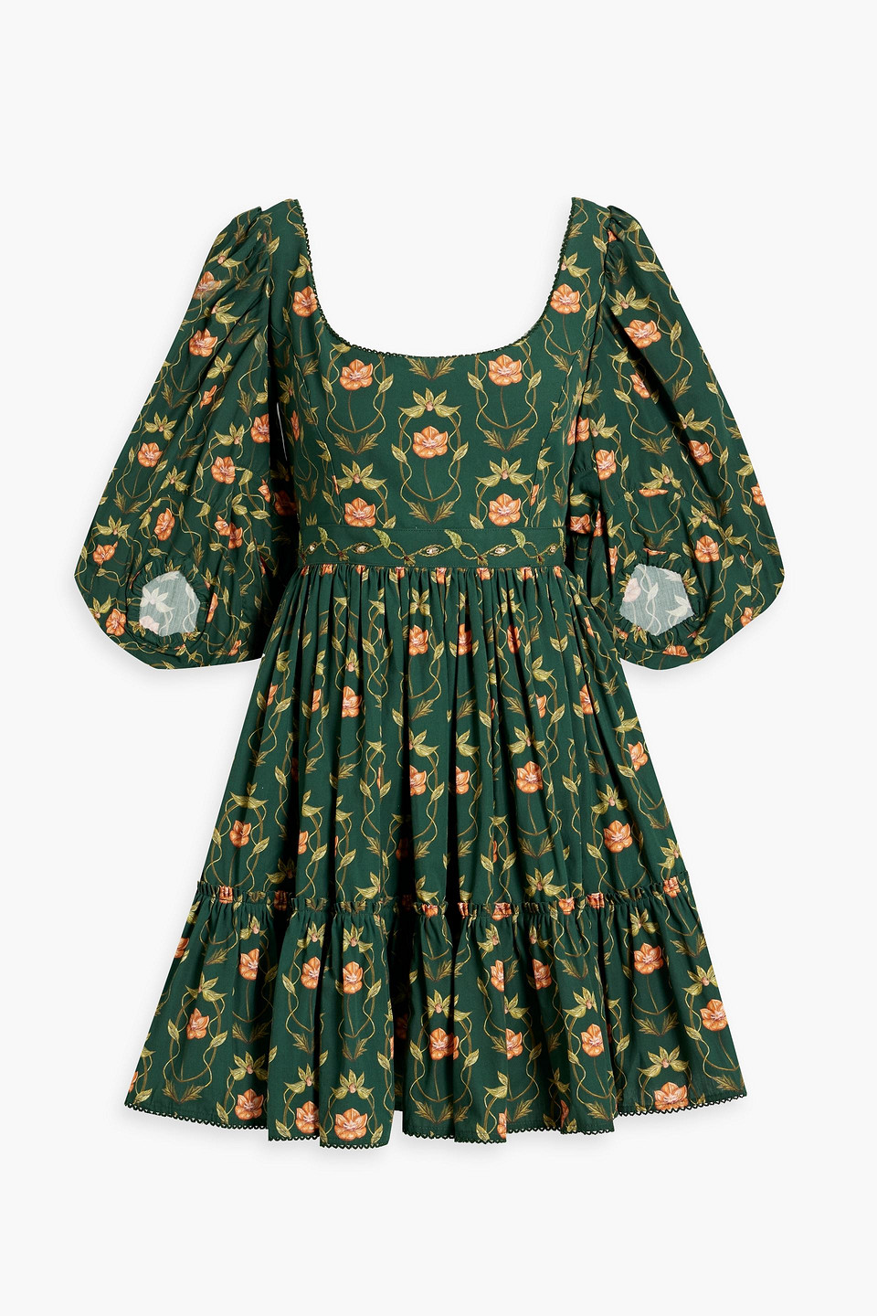 Shop Agua By Agua Bendita Delirio Esoterica Embellished Floral-print Cotton-poplin Mini Dress In Forest Green