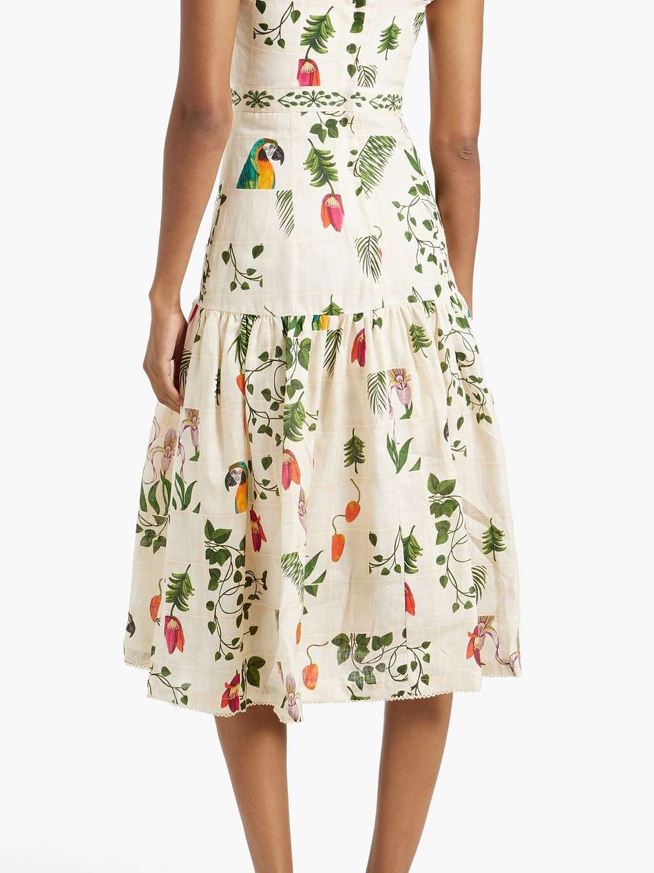 nispero bouquet tiered printed linen midi dress