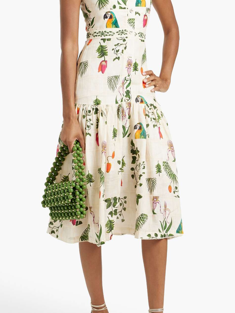 nispero bouquet tiered printed linen midi dress