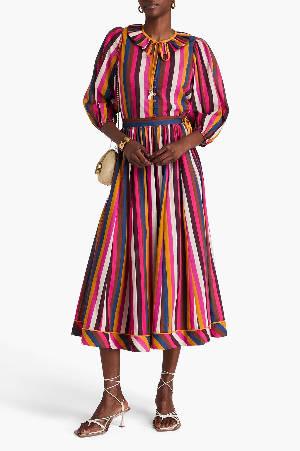 ZIMMERMANN Embellished striped cotton-gauze midi skirt