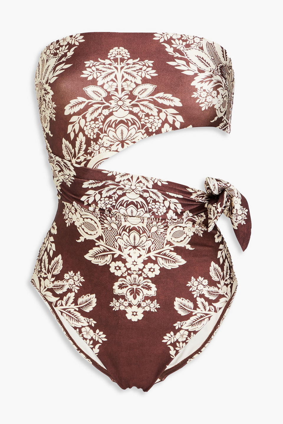 Zimmermann Knotted Cutout Floral-print Bandeau Swimsuit In Brown
