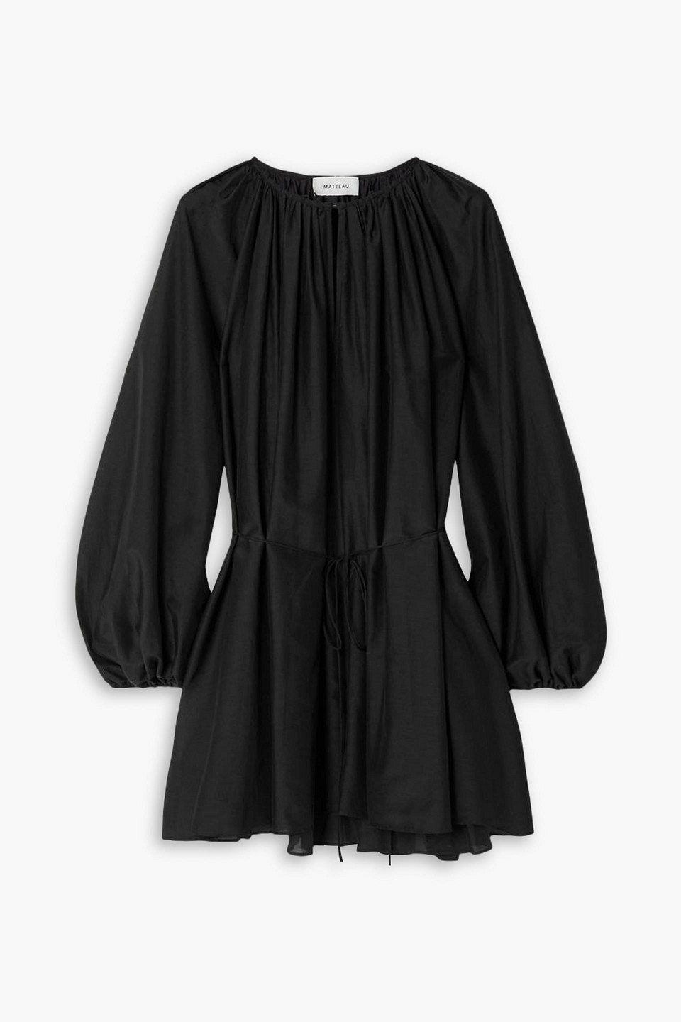 Matteau Belted Gathered Cotton And Silk-blend Mini Dress In Black
