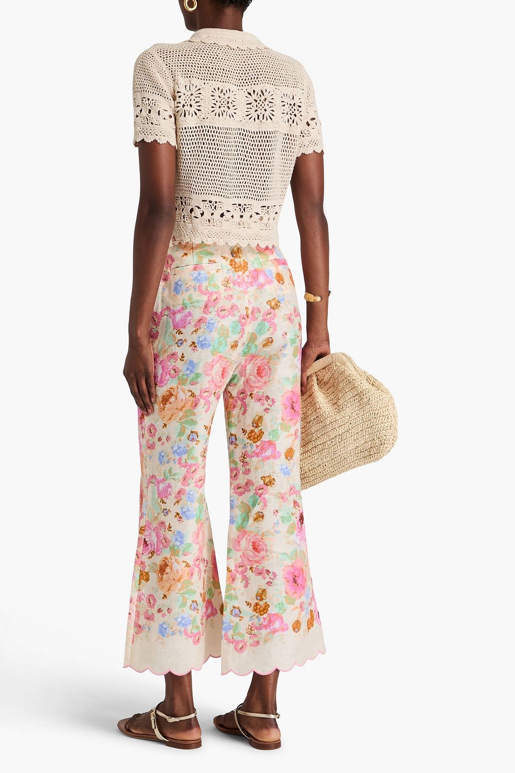 ZIMMERMANN Cropped floral-print linen flared pants