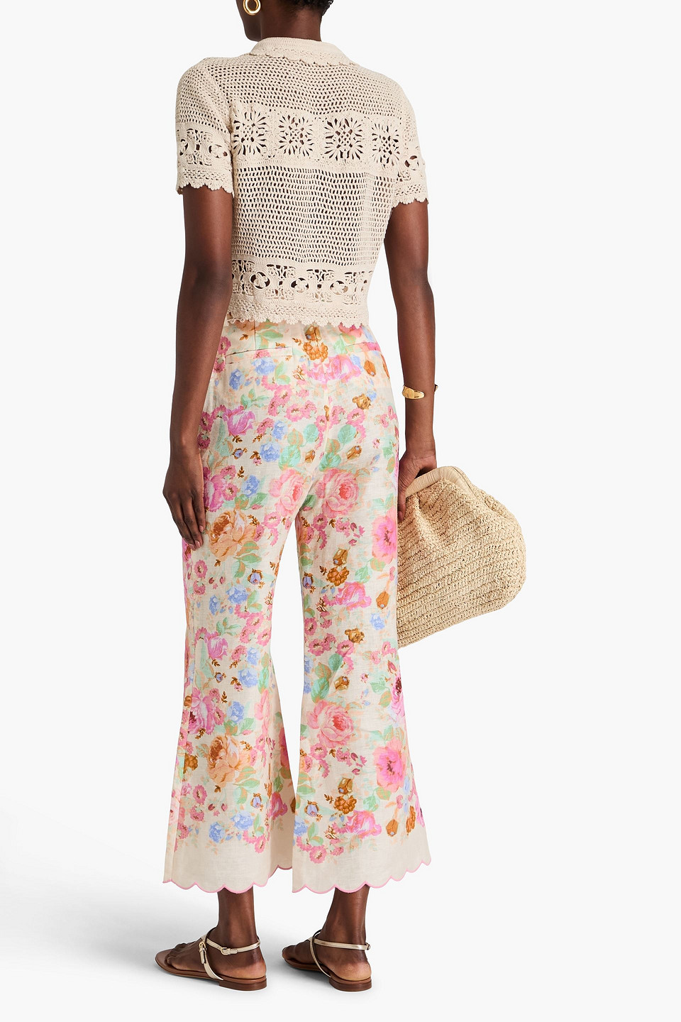 Zimmermann Cropped Schlaghose Aus Leinen Mit Blumenprint In Bunt