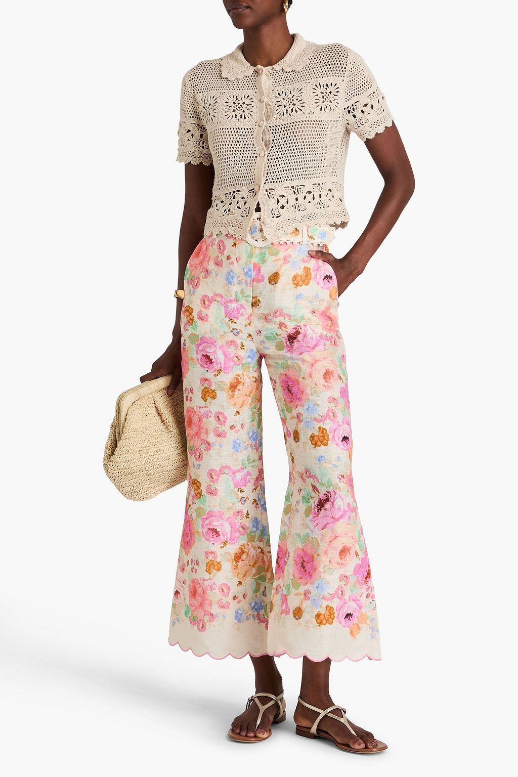 ZIMMERMANN Cropped floral-print linen flared pants