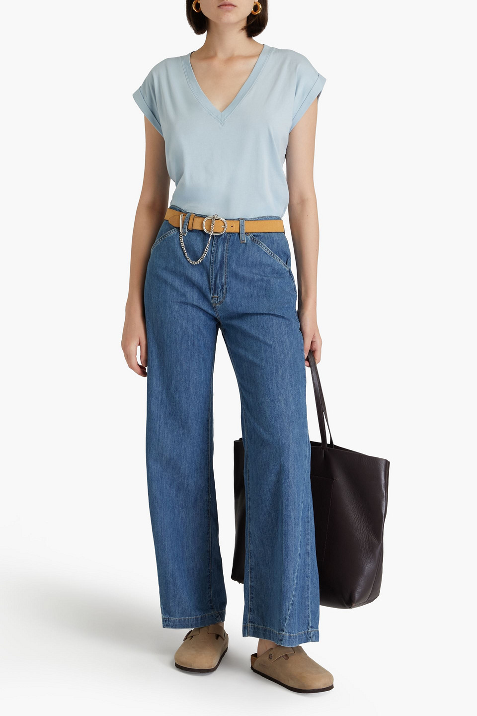 Frame Womens V-neck Cap Sleeve T-shirt In Sky Blue