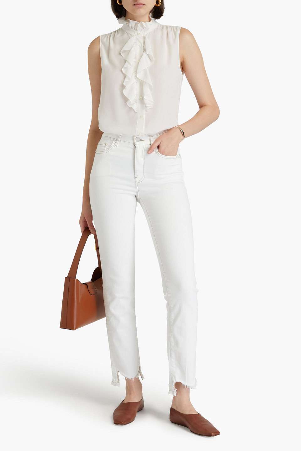 FRAME RUFFLED SILK CREPE DE CHINE TOP