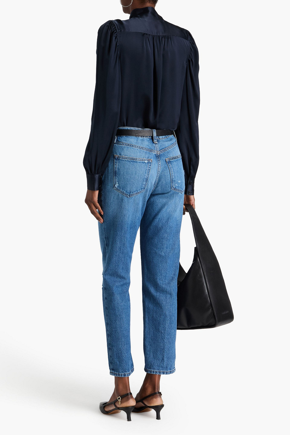 Frame Le Mec Distressed High-rise Tapered Jeans In Mid Denim