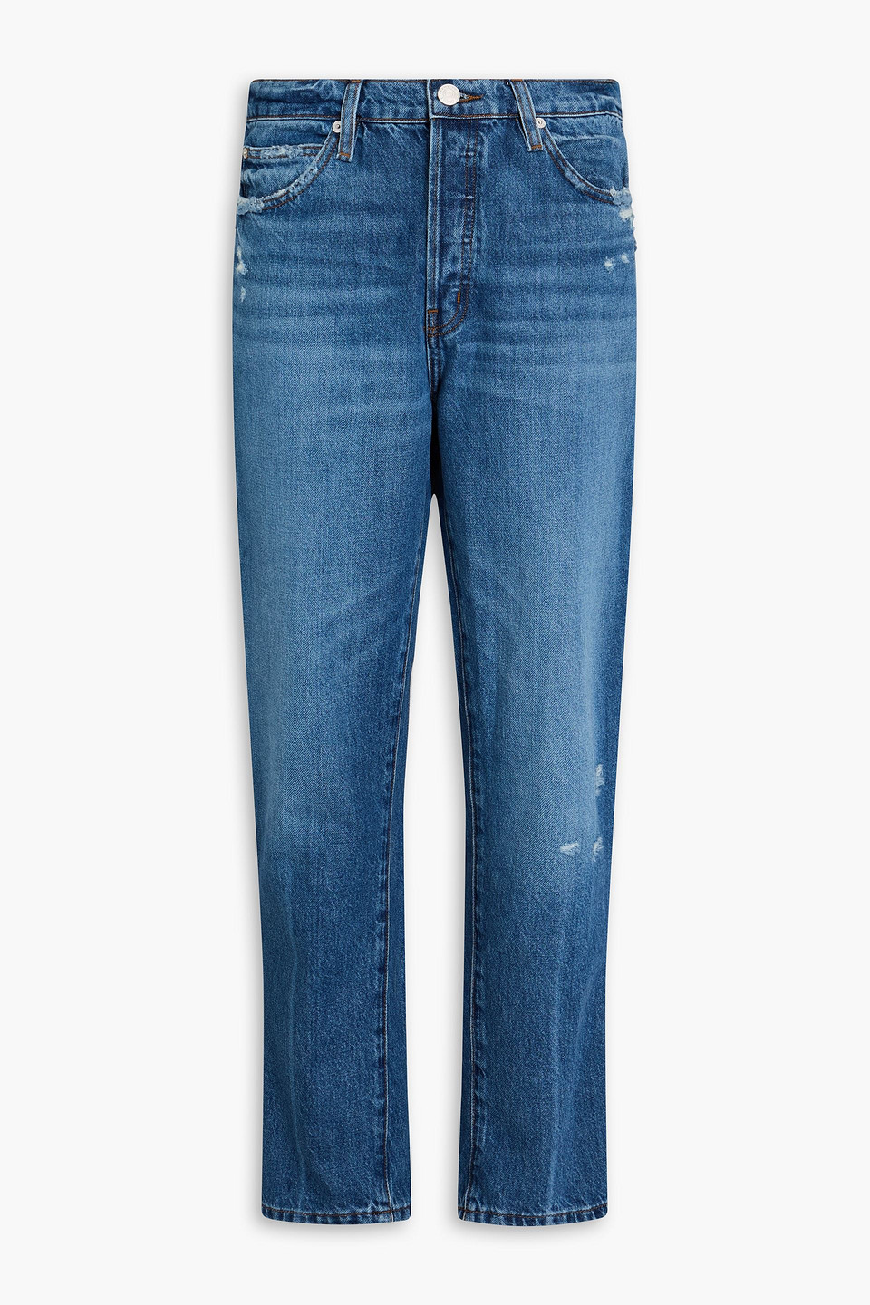 Frame Le Mec Distressed High-rise Tapered Jeans In Mid Denim