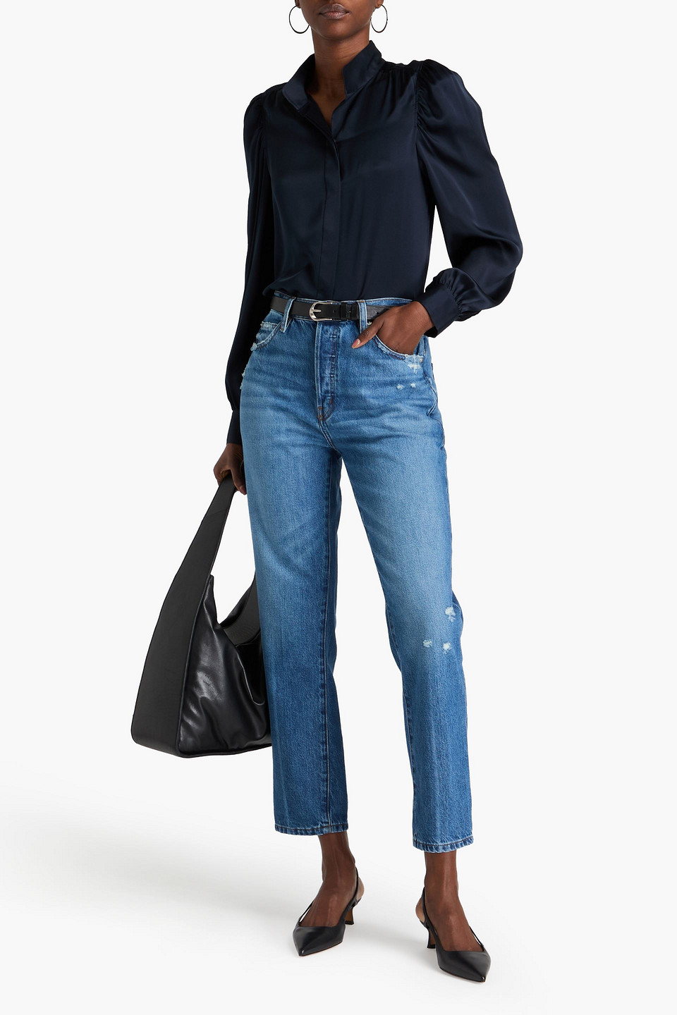 Frame Le Mec Distressed High-rise Tapered Jeans In Mid Denim