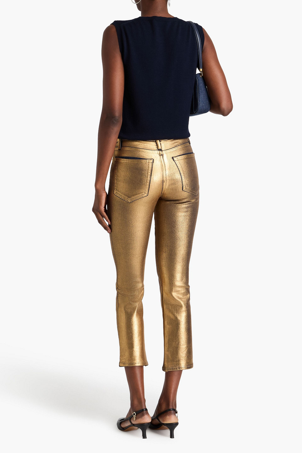 FRAME LE HIGH STRAIGHT CROPPED METALLIC STRAIGHT JEANS