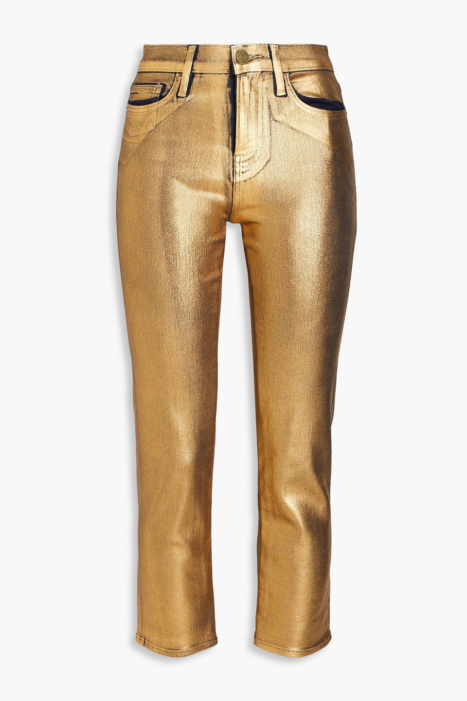 Frame Le High Straight Cropped Metallic Straight Jeans In Gold