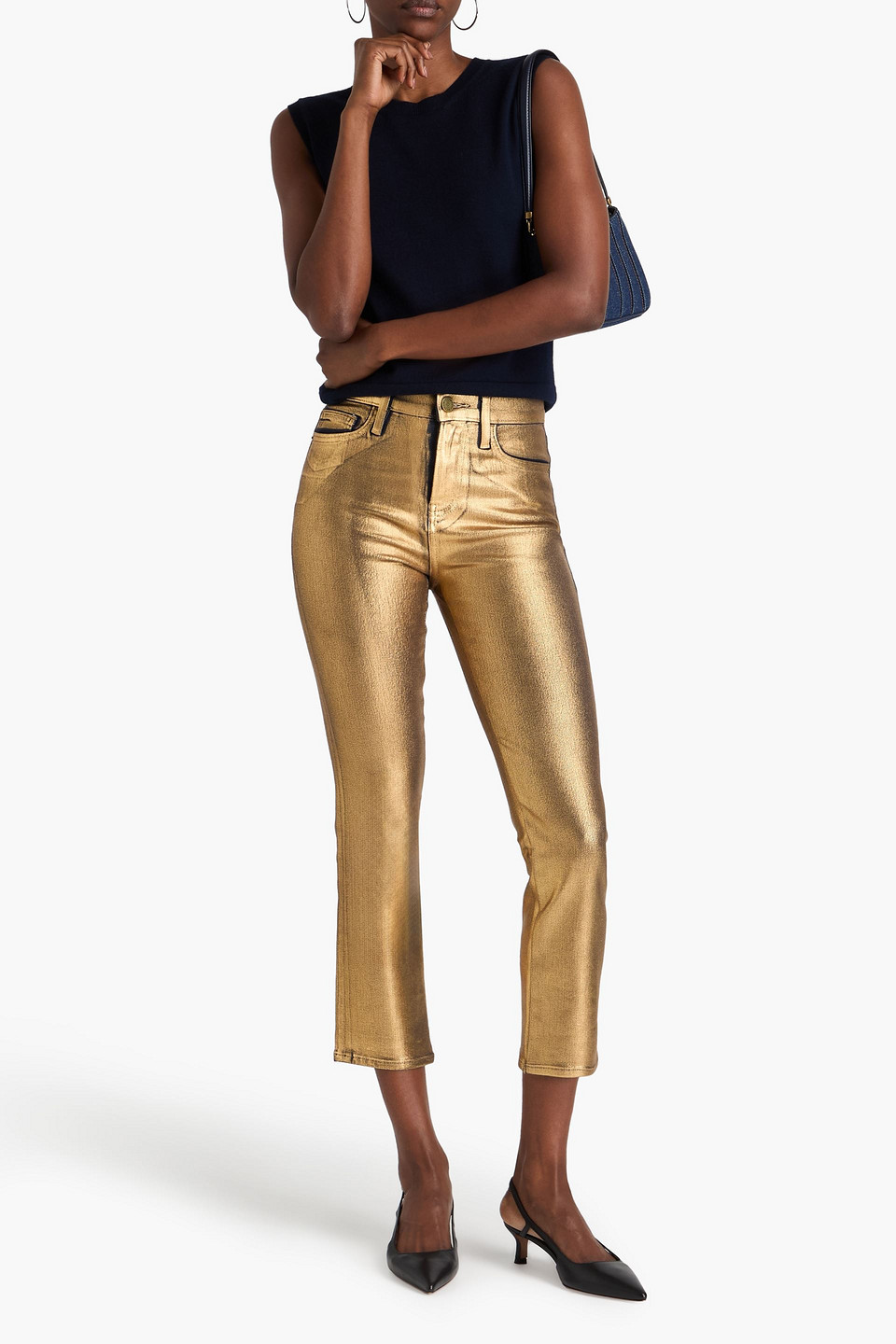 FRAME LE HIGH STRAIGHT CROPPED METALLIC STRAIGHT JEANS