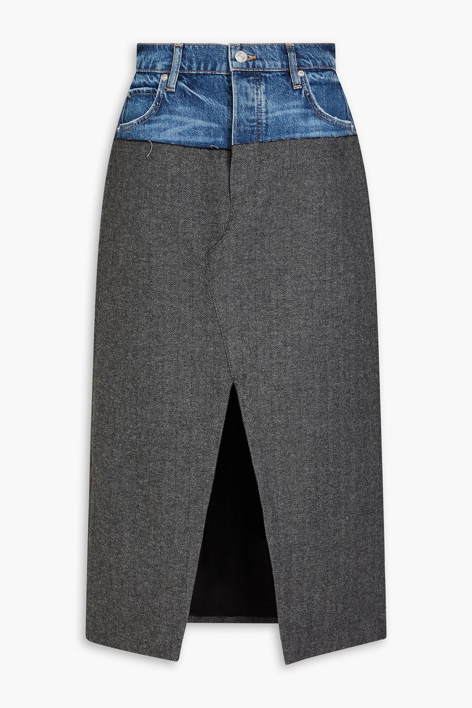 Denim-paneled herringbone twill midi skirt