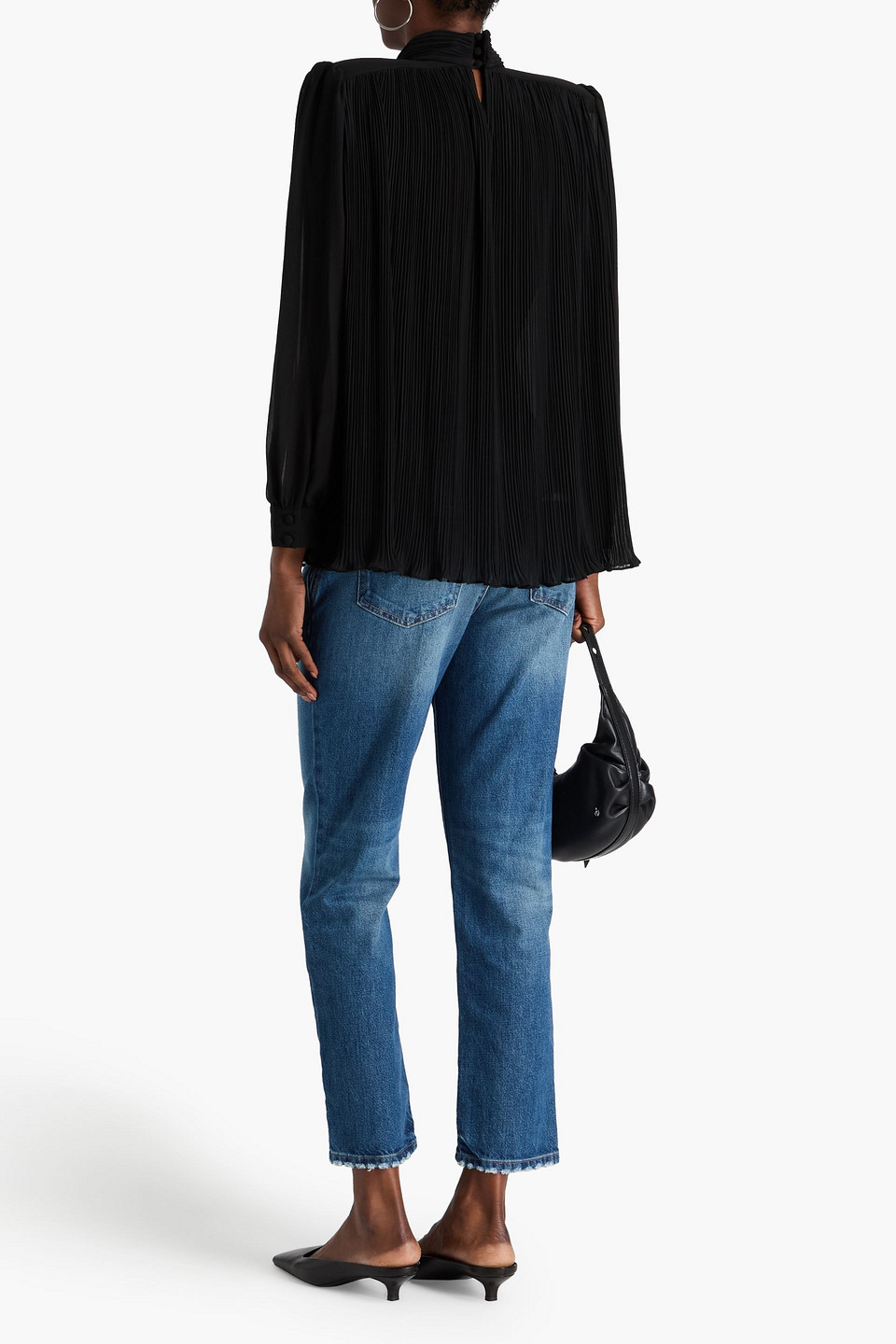 Frame Pleated Strong-shoulder Blouse In Black