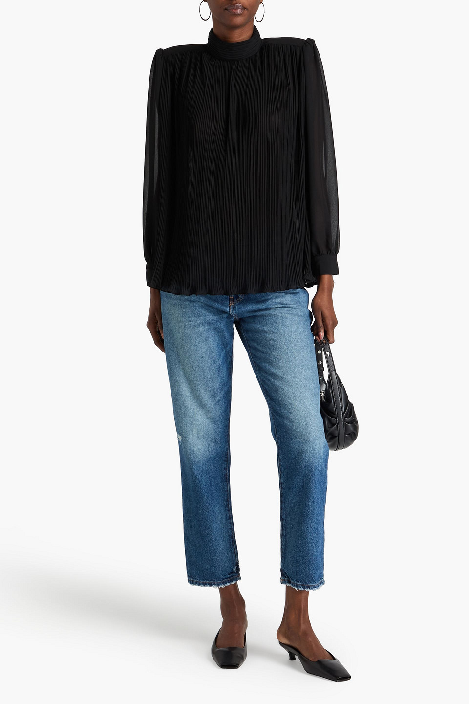 Frame Pleated Strong-shoulder Blouse In Black