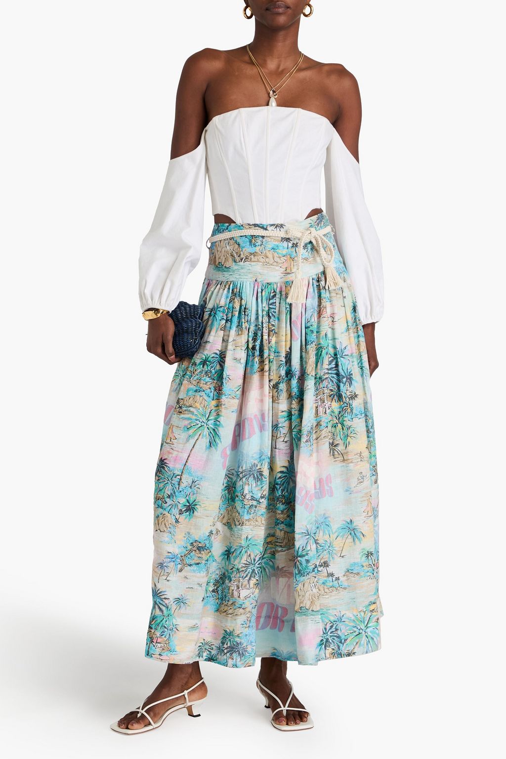 ZIMMERMANN Belted printed linen midi skirt