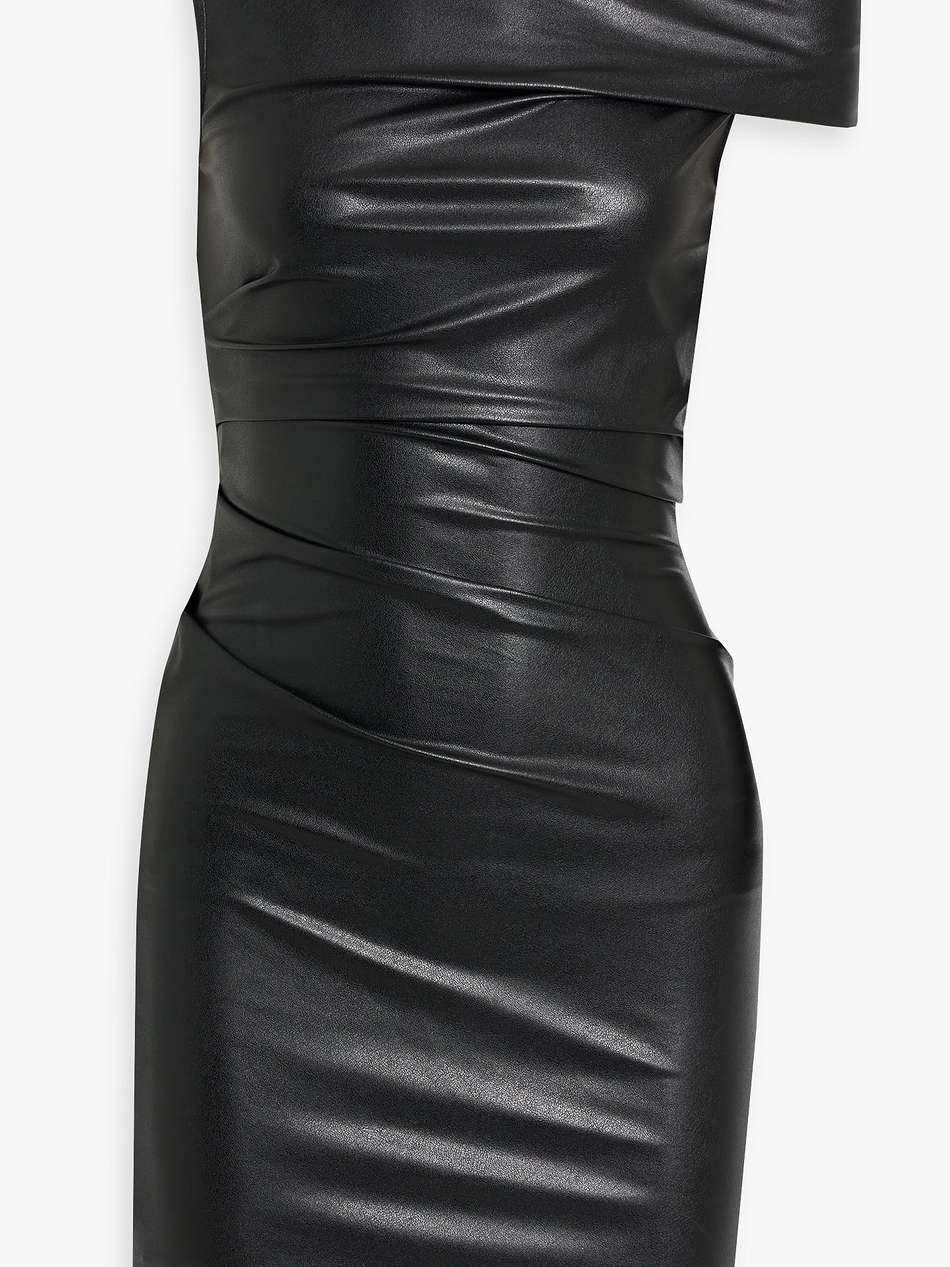 one-shoulder gathered faux leather mini dress