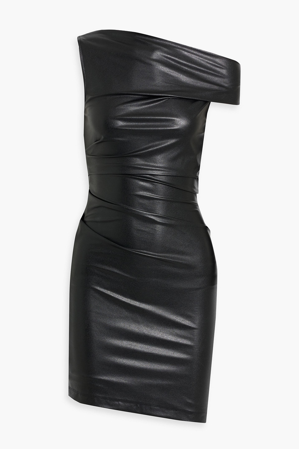 One-shoulder gathered faux leather mini dress