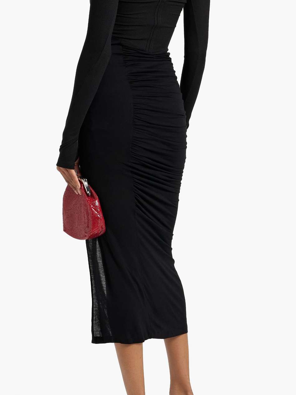 cutout ruched jersey turtleneck midi dress