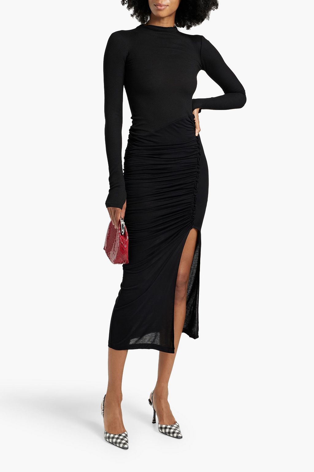 HELMUT LANG Cutout ruched jersey turtleneck midi dress