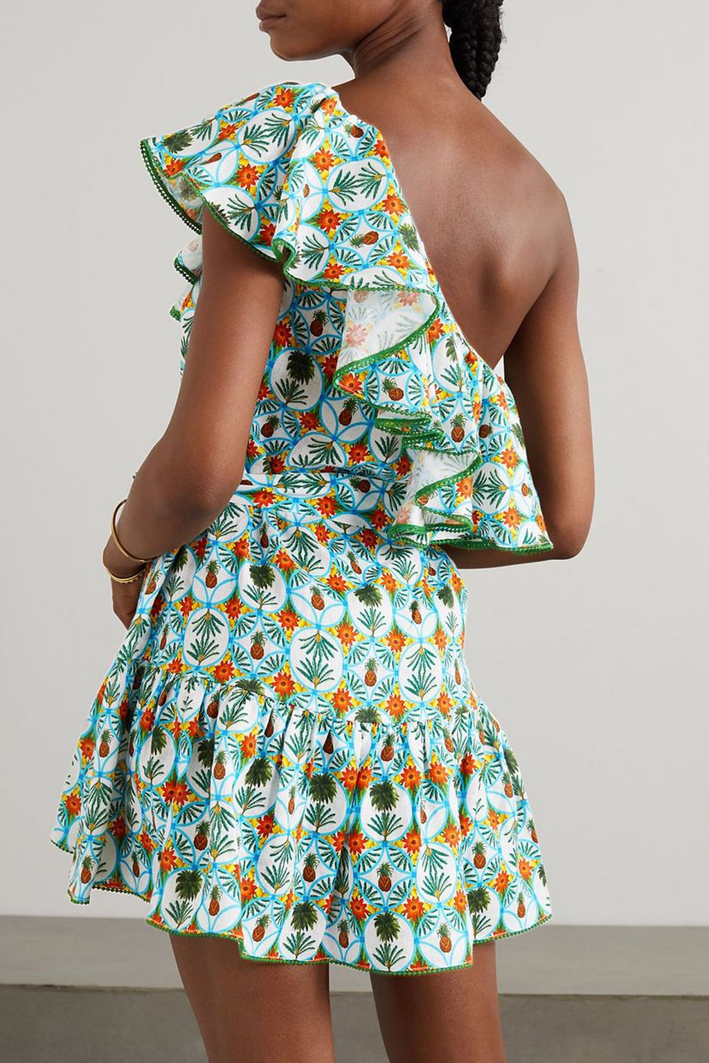 BORGO DE NOR Pietra one-shoulder printed cotton and linen-blend mini dress