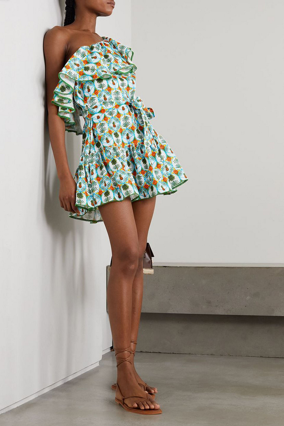 BORGO DE NOR PIETRA ONE-SHOULDER PRINTED COTTON AND LINEN-BLEND MINI DRESS