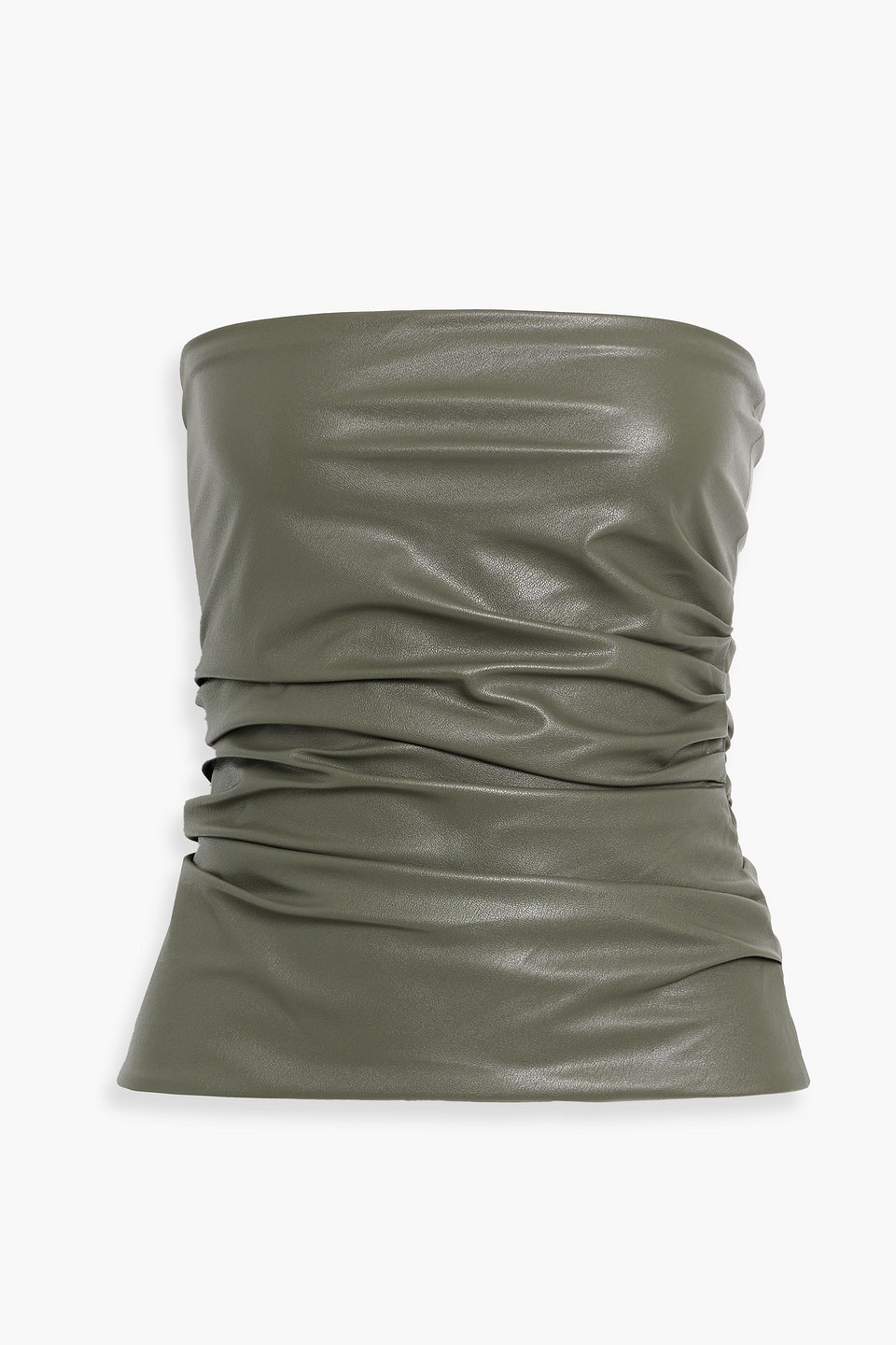 Helmut Lang Strapless Ruched Faux Leather Top In Army Green