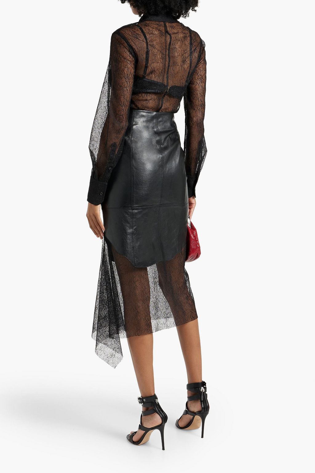 HELMUT LANG Lace-trimmed leather midi skirt